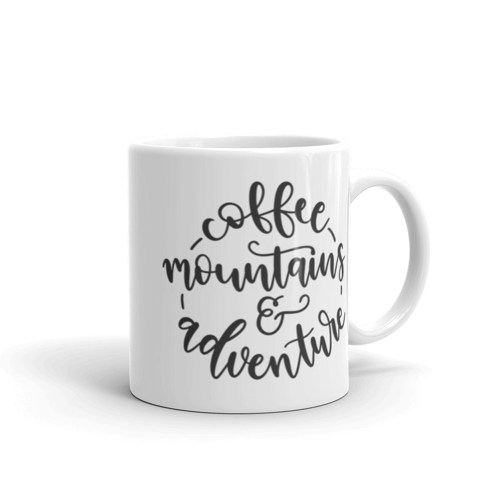 Coffee, mountains & adventure White glossy mug