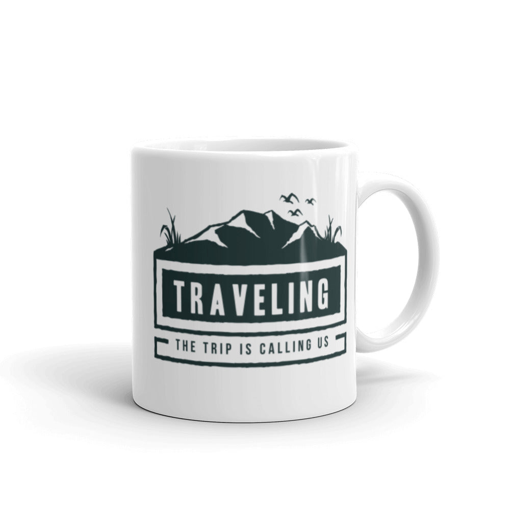 Travelling, The Trip is calling us, White glossy mug